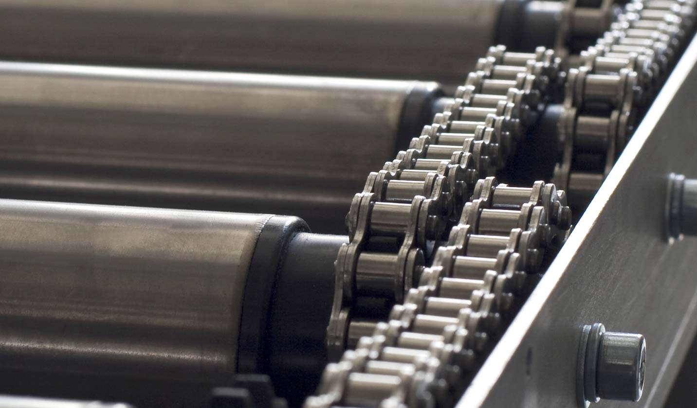 Roller chain on conveyor belt.